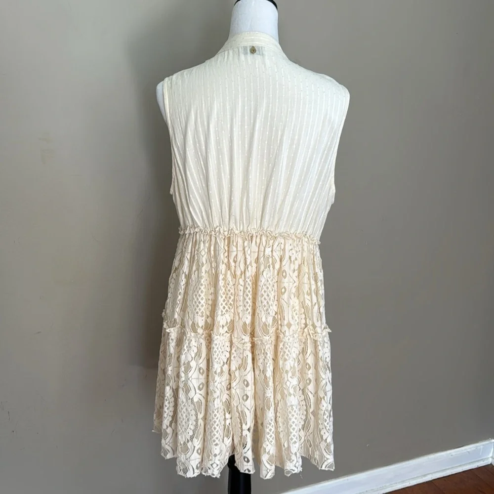Lola Casademunt Bohemian Sleeveless V-Neck Lace Ivory‎ Cotton Mini Dress Size L